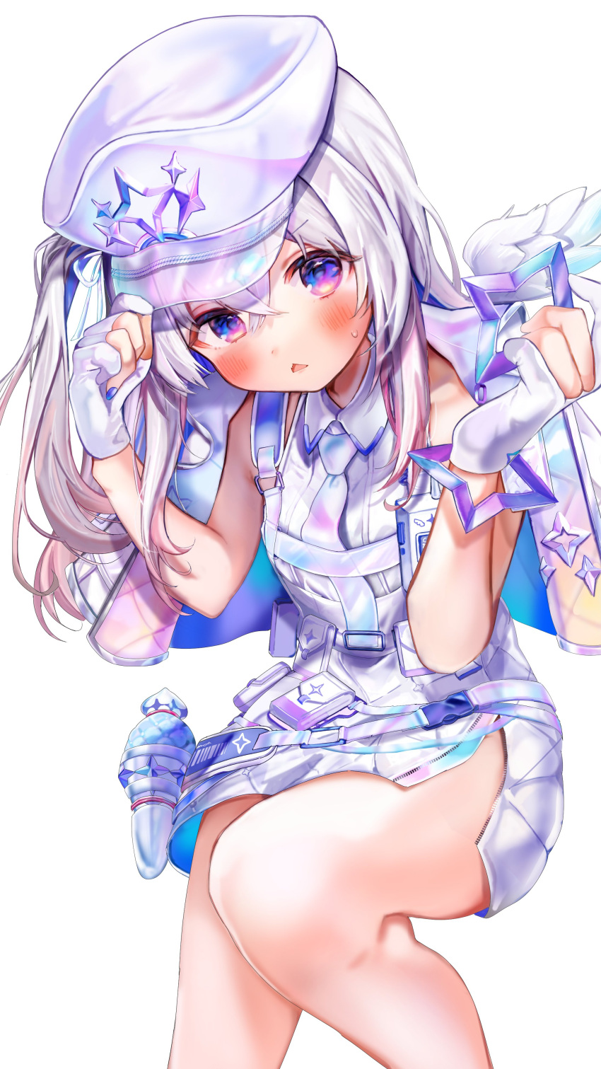 1girl, absurdres, adjusting_clothes, adjusting_headwear, amane_kanata, amane_kanata_(heavenly_guard_mission), angel_wings, belt_pouch, blue_eyes, blue_nails, blush, chest_harness, collared_shirt, colored_inner_hair, cropped_jacket, feathered_wings, gloves, gradient_hair, grey_hair, harness, hat, high-waist_skirt, highres, hololive, holster, jacket, jacket_on_shoulders, multicolored_hair, necktie, partially_fingerless_gloves, peaked_cap, pink_hair, pouch, quilted_clothes, rachip, shirt, side_slit, skirt, sleeveless, sleeveless_shirt, thigh_holster, walkie-talkie, white_background, white_shirt, white_skirt, wings, zipper_skirt