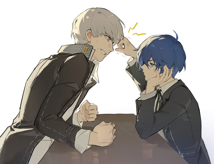 19_0v0, 2boys, anger_vein, arm_up, black_jacket, black_ribbon, blue_eyes, blue_hair