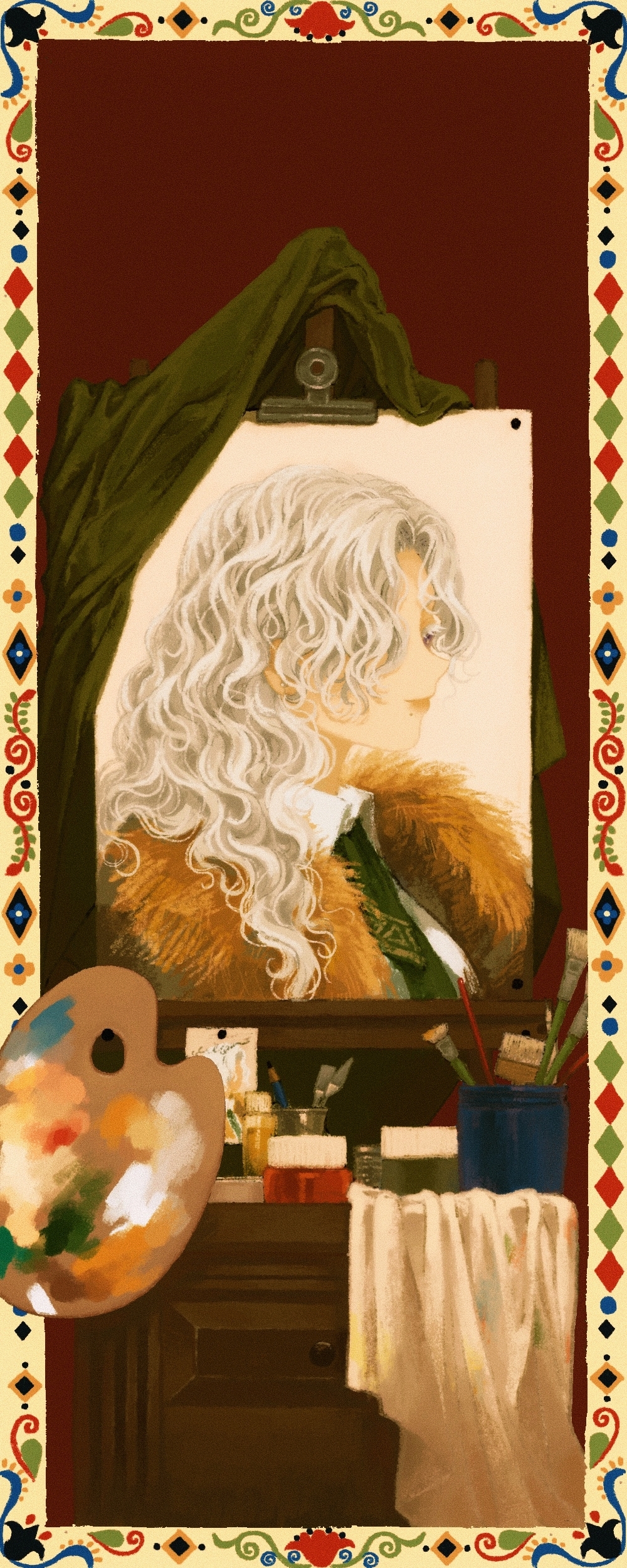 absurdres, art_brush, border, canvas_(object), cup, easel, heqiao, highres