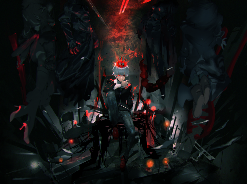 1boy, arm_up, crown, dark_background, dress_pants, full_body, glowing, glowing_eyes