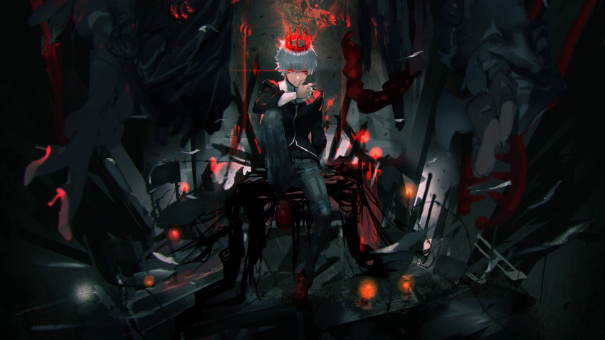 1boy, absurdres, arm_up, crown, dark_background, dress_pants, full_body, glowing