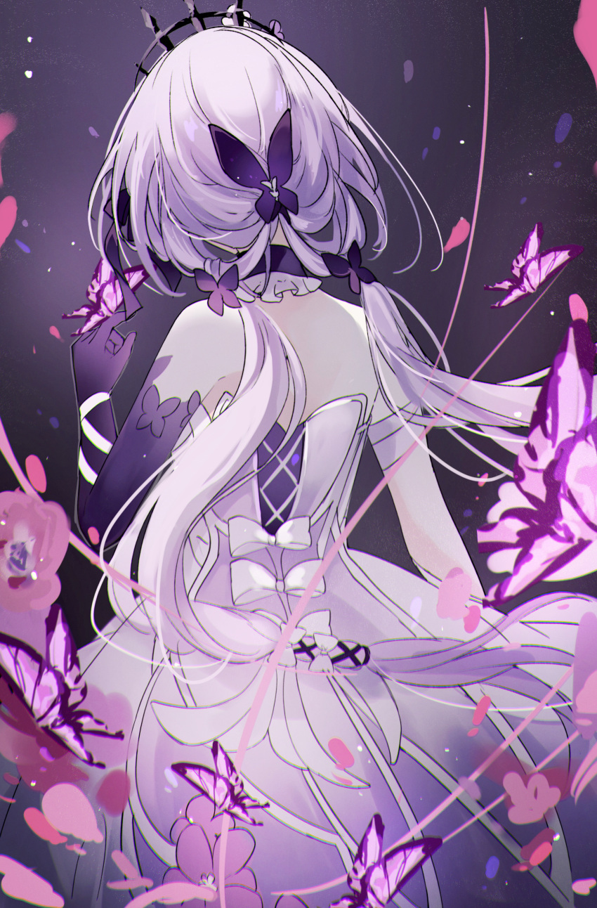 1girl, absurdres, back, bare_shoulders, black_tiara, bug, butterfly, castorice_(honkai:_star_rail)