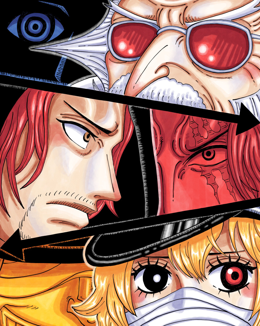 1girl, 1other, 4boys, absurdres, arrow_(symbol), beard_stubble, black_eyes, blonde_hair