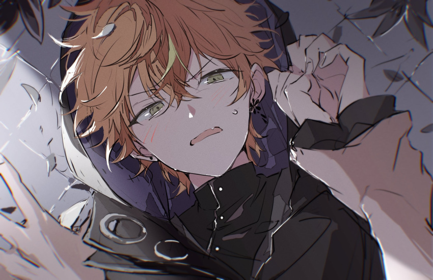 1boy, arms_up, black_jacket, black_shirt, blush, collared_shirt, crossed_bangs, double-parted_bangs