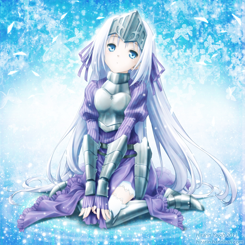 armor, armored_dress, blue_eyes, breastplate, eucliwood_hellscythe, faulds, frills, gauntlets