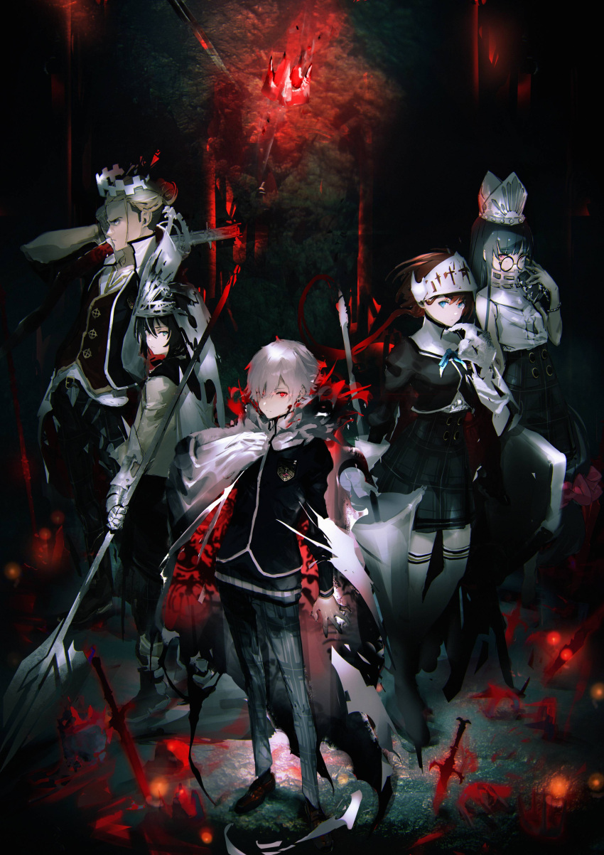 2girls, 3boys, absurdres, adjusting_eyewear, armor, arms_at_sides, black_background, black_hair