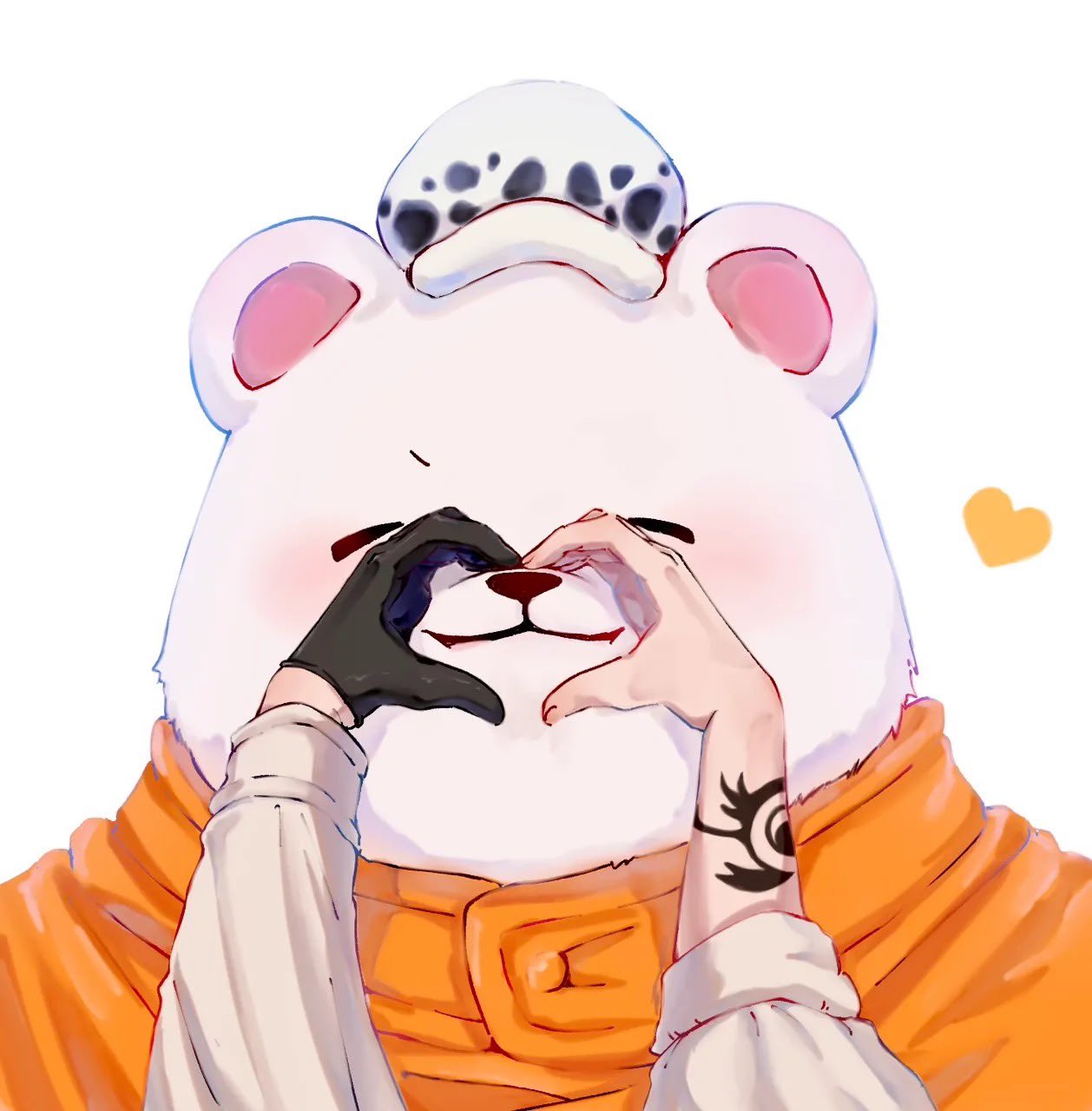 2boys, animal_ears, bear, bear_boy, bear_ears, bepo, blush, closed_mouth, commentary_request, furry, furry_male, hand_on_another's_mouth, hat, heart, heart_hands, highres, kswmt3, looking_at_viewer, male_focus, multiple_boys, one_piece, orange_shirt, plump, polar_bear, shirt, trafalgar_law, white_background, white_fur, white_hat