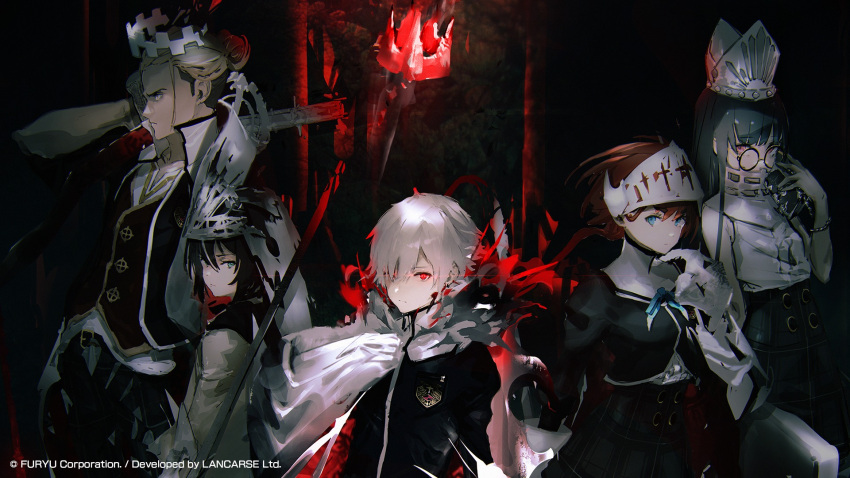 2girls, 3boys, arms_at_sides, black_background, black_hair, blue_eyes, blunt_bangs, brown_hair