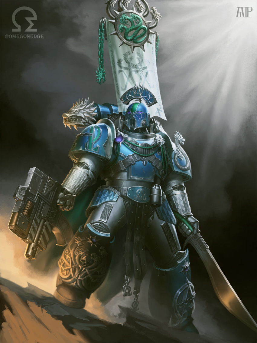 1boy, adeptus_astartes, alpha_legion, alpha_symbol, armor, armored_boots, artist_logo, artist_name