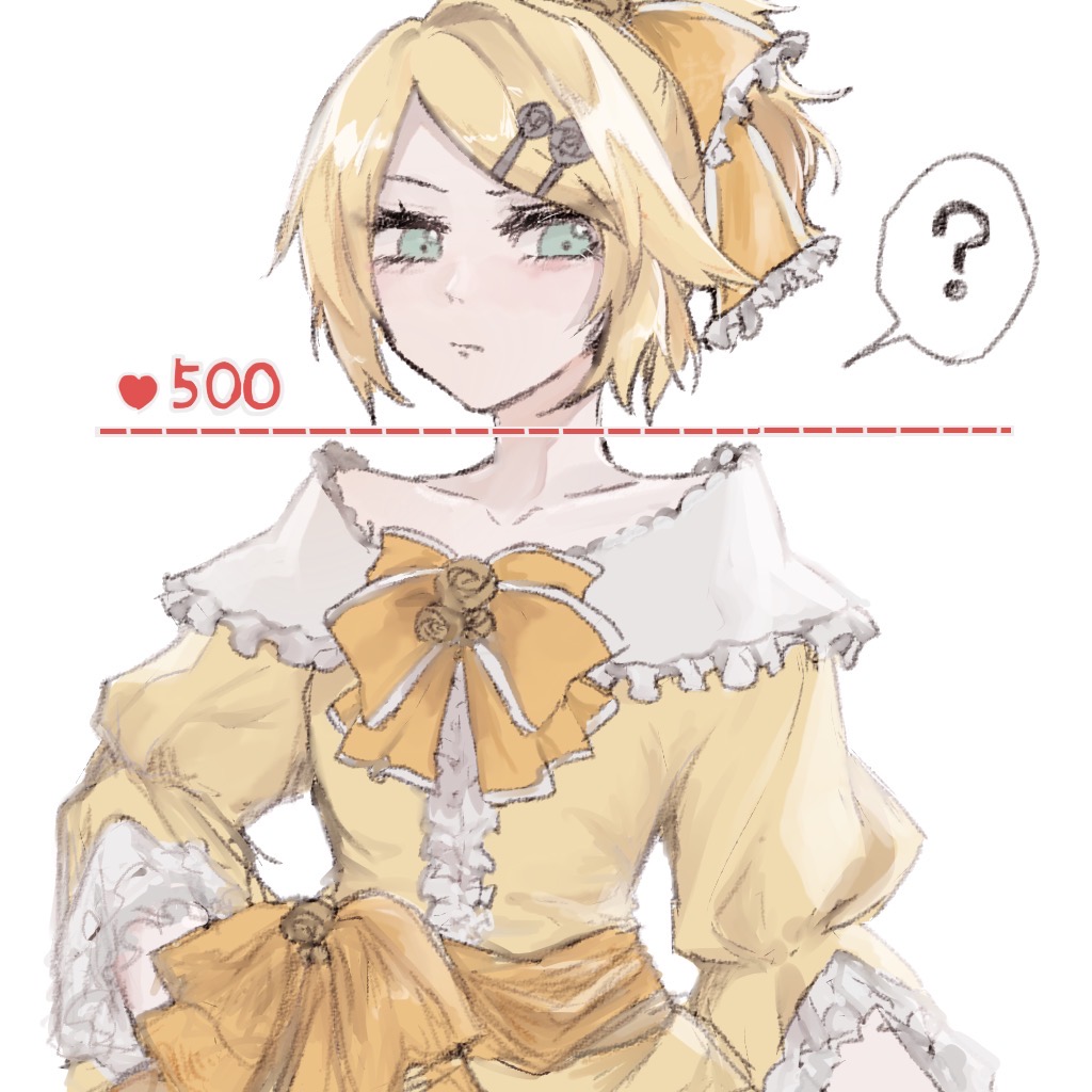 1girl, ?, aku_no_musume_(vocaloid), aqua_eyes, blonde_hair, bow, center_frills, closed_mouth