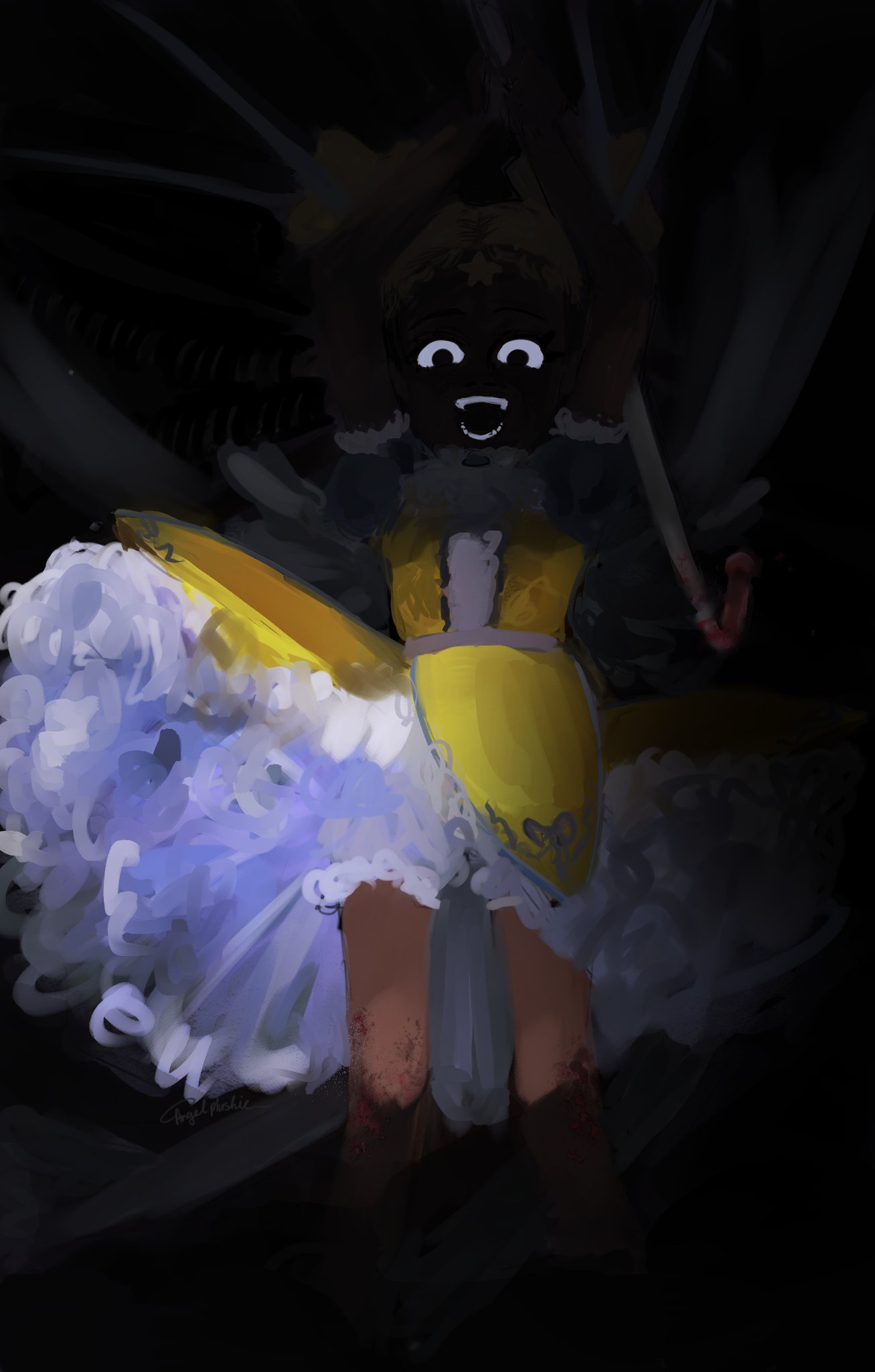 1girl, aika_(kiana_mai), angelplushie, blonde_hair, dark_skin, dress, highres, horror_(theme), i_don't_want_to_be_a_magical_girl, magical_girl, open_mouth, smile, star_guardian:_guardian_of_the_stars, teeth, very_dark_skin