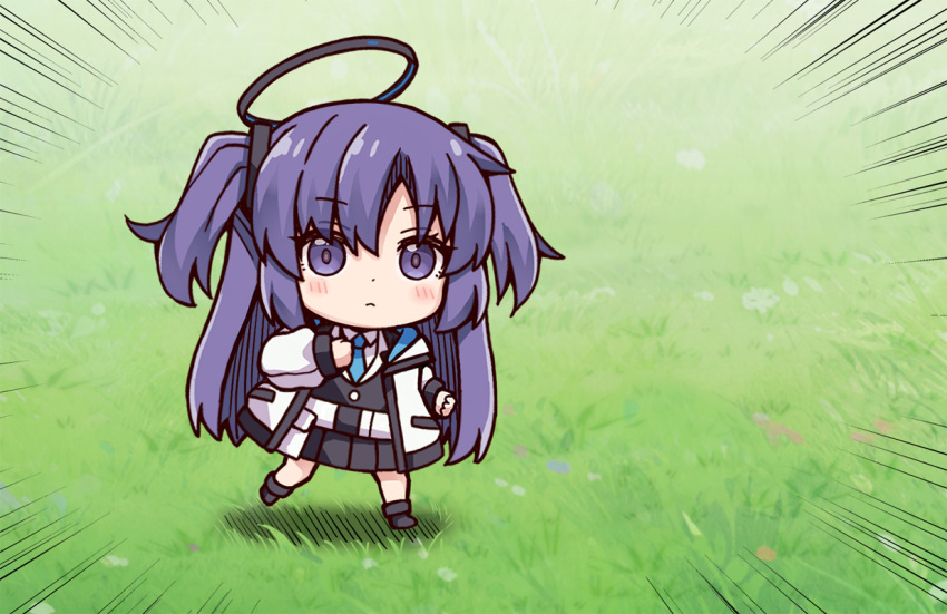 1girl, black_boots, black_jacket, black_skirt, blue_archive, blue_necktie, blush_stickers, boots