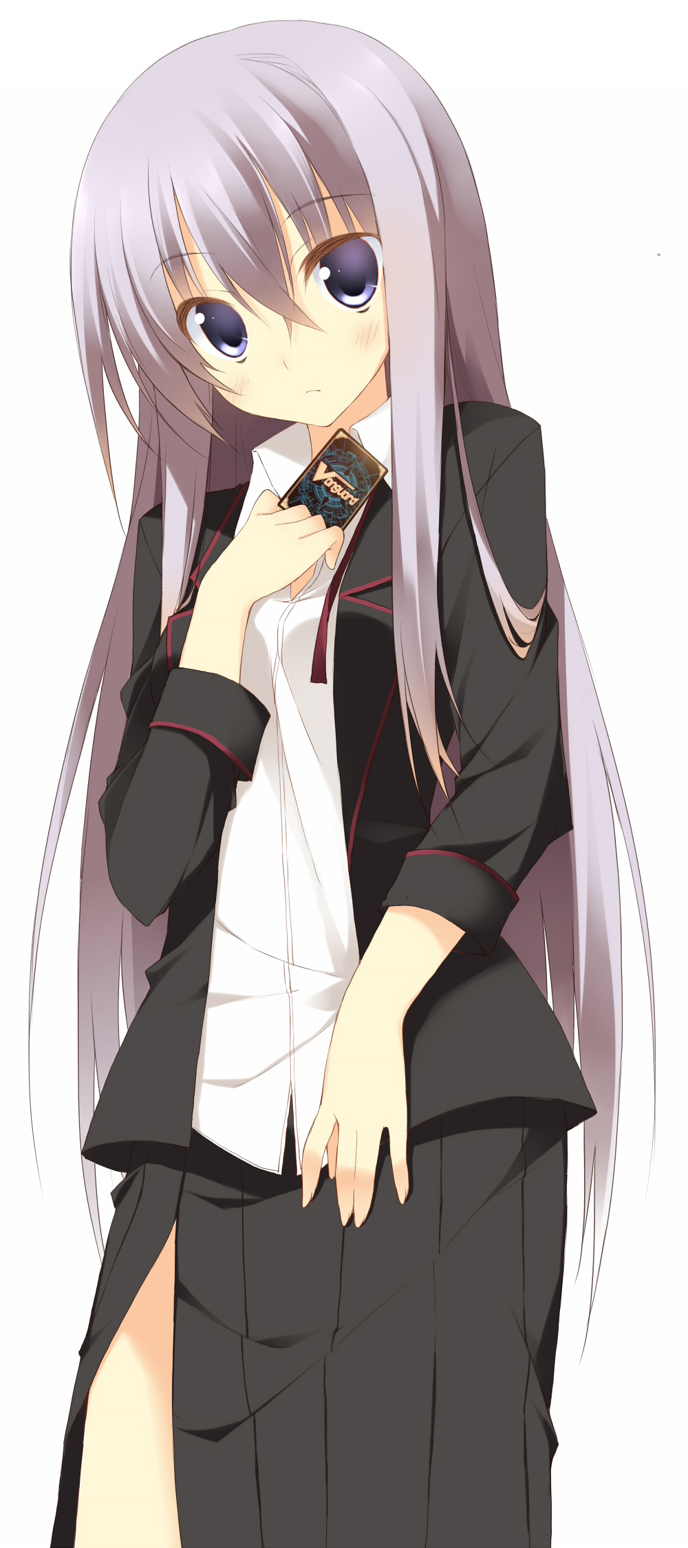 blush, card, cardfight!!_vanguard, cardfight!!_vanguard_(cards), highres, holding, holding_card, kuwashima_rein