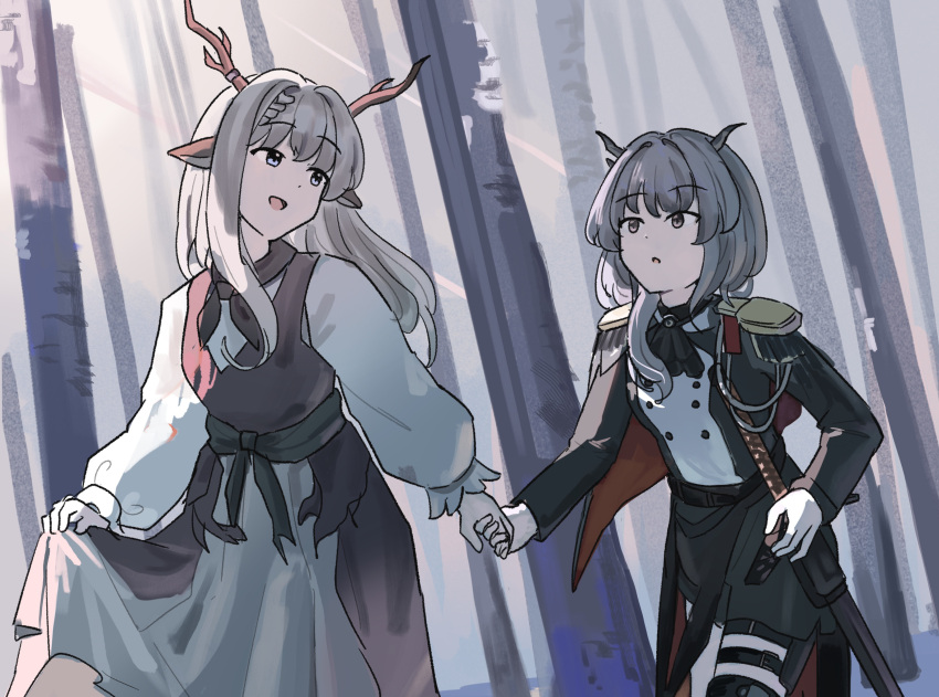 2girls, :d, absurdres, alina_(arknights), animal_ears, antlers, arknights, ascot