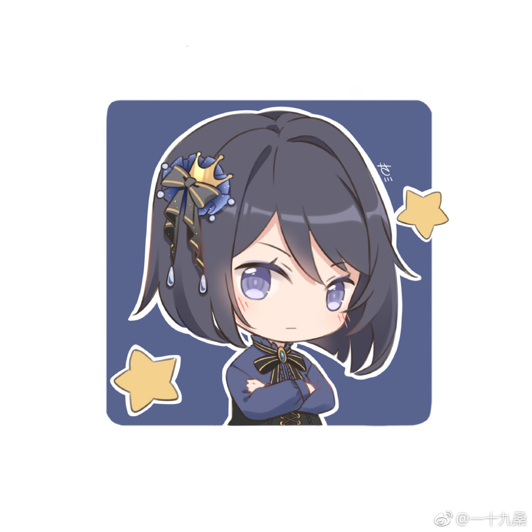 1girl, black_bow, black_bowtie, black_corset, black_hair, blue_background, blue_brooch, blue_shirt