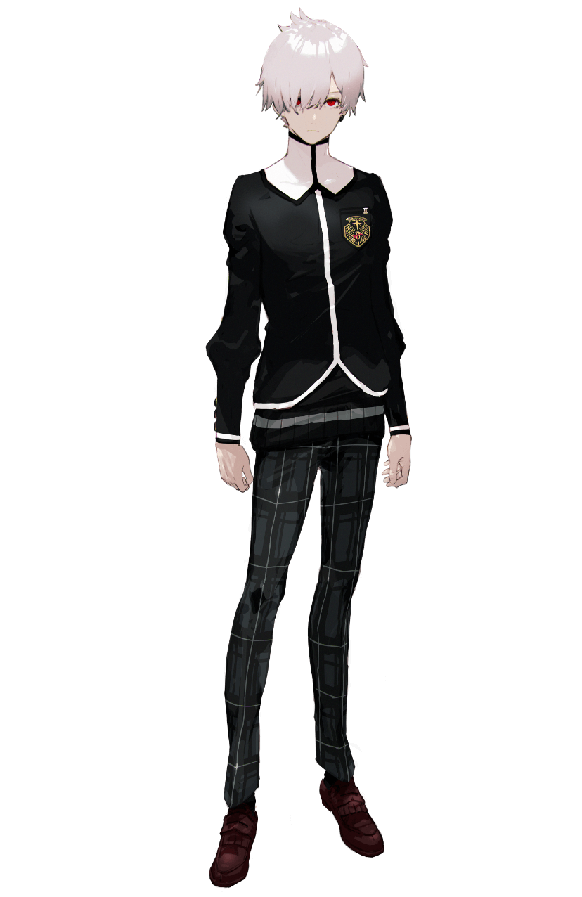 1boy, arms_at_sides, bad_source, dress_pants, dress_shoes, earrings, full_body, grey_hair