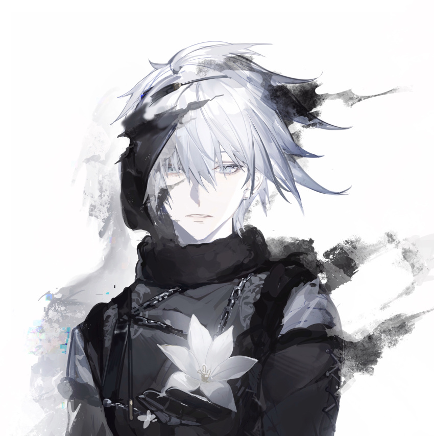 1boy, absurdres, chain, chinese_commentary, commentary, disintegration, floating_hair, flower, fur-trimmed_jacket, fur-trimmed_sleeves, fur_trim, glitch, grey_eyes, hair_between_eyes, highres, holding, holding_flower, jacket, looking_down, lunar_tear, male_focus, meru02295238, mixed-language_commentary, nier, nier_(brother), nier_(series), parted_lips, print_jacket, shadow, shadowlord_(nier), simple_background, solo, upper_body, white_background, white_flower, white_hair