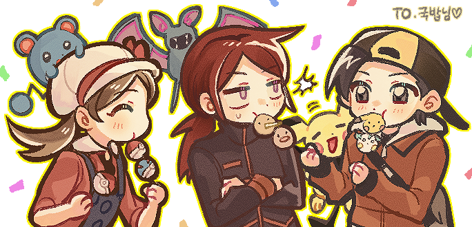 1girl, 2boys, baseball_cap, black_hair, blush, brown_hair, closed_eyes, closed_mouth
