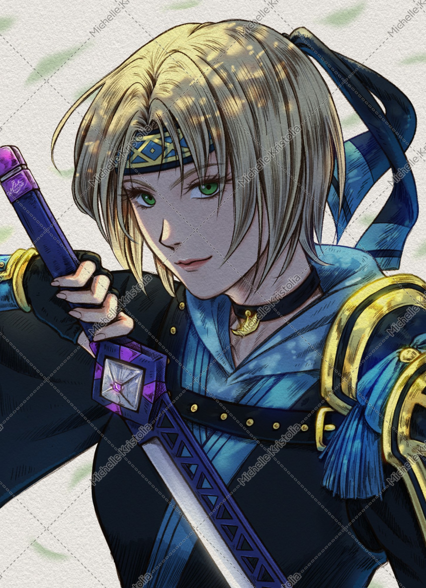 black_choker, blonde_hair, blue_headband, choker, chrodechild, fingerless_gloves, gensou_suikoden, gensou_suikoden_tierkreis