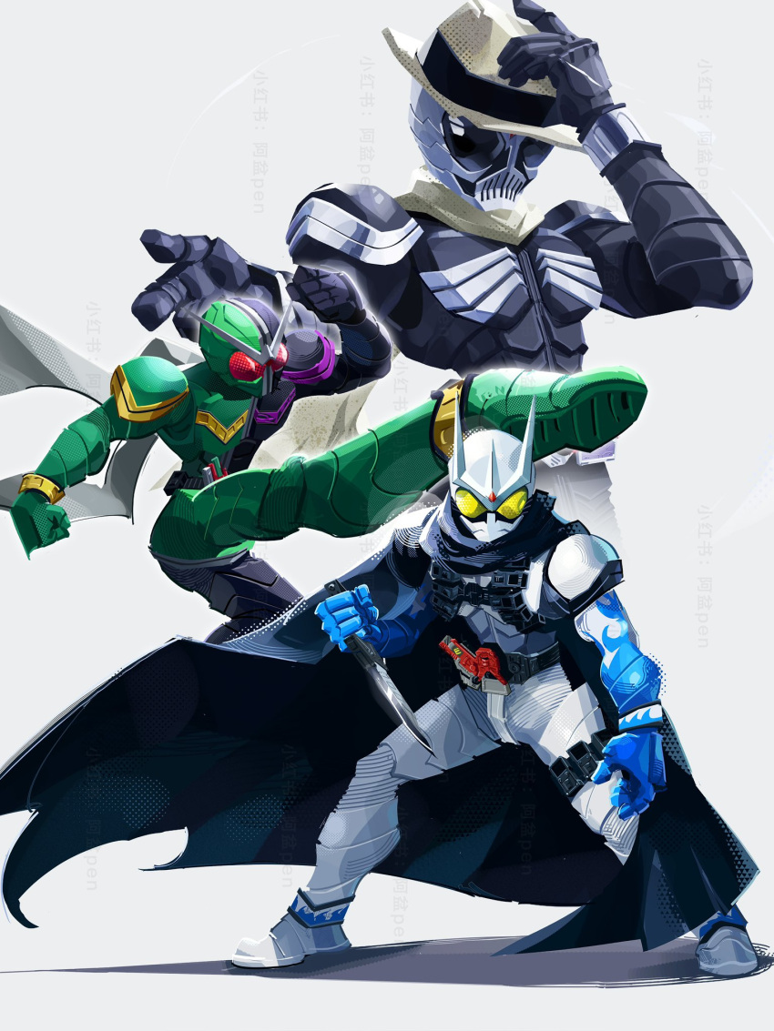 3boys, armor, black_armor, black_cape, cape, compound_eyes, dagger, double_driver