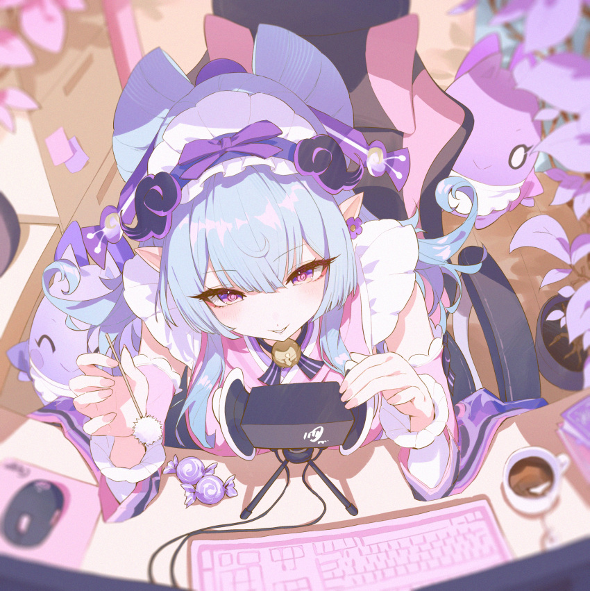 1girl, @_@, ^_^, alternate_form, apron, asmr, bell, binaural_microphone