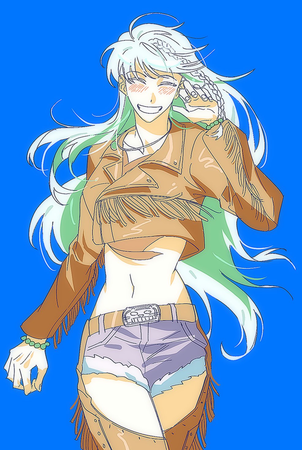 1girl, blue_background, chaps, colored_inner_hair, cropped_jacket, crystal_hair, denim, denim_shorts