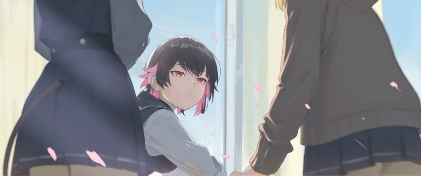 3girls, :/, a.k.a.zkin, absurdres, black_hair, black_skirt, black_vest, blonde_hair