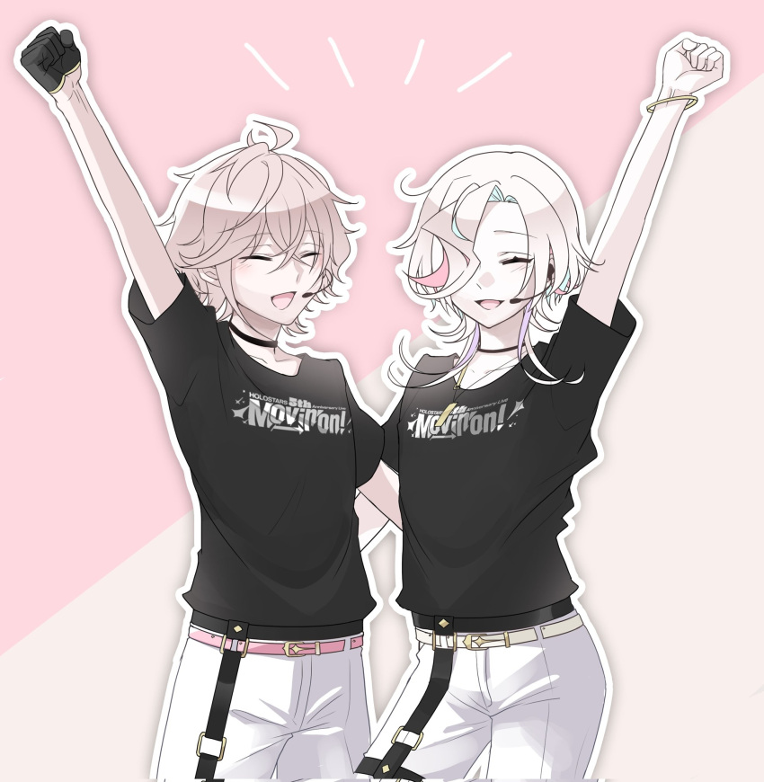 2boys, arm_around_waist, arm_up, aya240609, belt, bishounen, black_choker, black_gloves