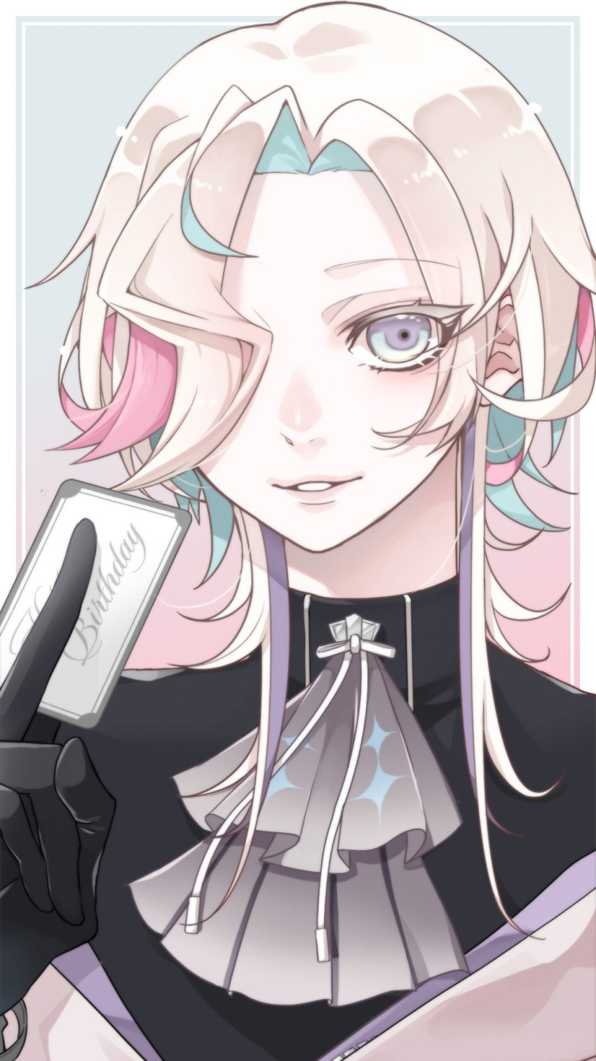 1boy, aqua_hair, ascot, aya240609, bishounen, black_gloves, black_shirt, blonde_hair