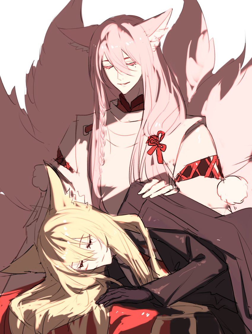 1boy, 1girl, absurdres, animal_ear_fluff, animal_ears, arknights, black_coat, black_gloves