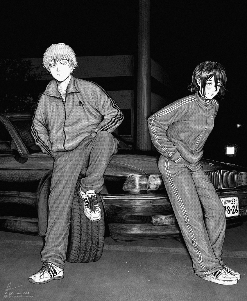 1boy, 1girl, absurdres, black_choker, black_hair, car, chainsaw_man, choker