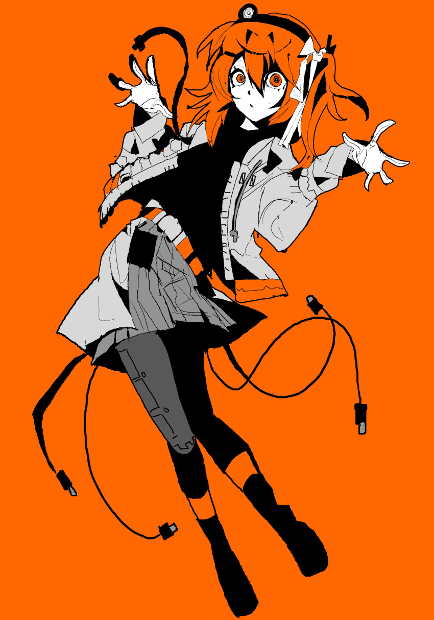 1girl, a.i._voice, absurdres, adachi_rei, belt, black_hairband, black_shirt, cable, cttn1117, floating_clothes, gloves, green_skirt, hair_ornament, hair_ribbon, hairband, hairclip, hands_up, headlamp, highres, hood, hood_down, hooded_jacket, jacket, long_sleeves, medium_hair, one_side_up, open_clothes, open_jacket, orange_background, pleated_skirt, radio_antenna, ribbon, shirt, simple_background, skirt, solo, white_gloves, white_jacket, white_ribbon, wide-eyed