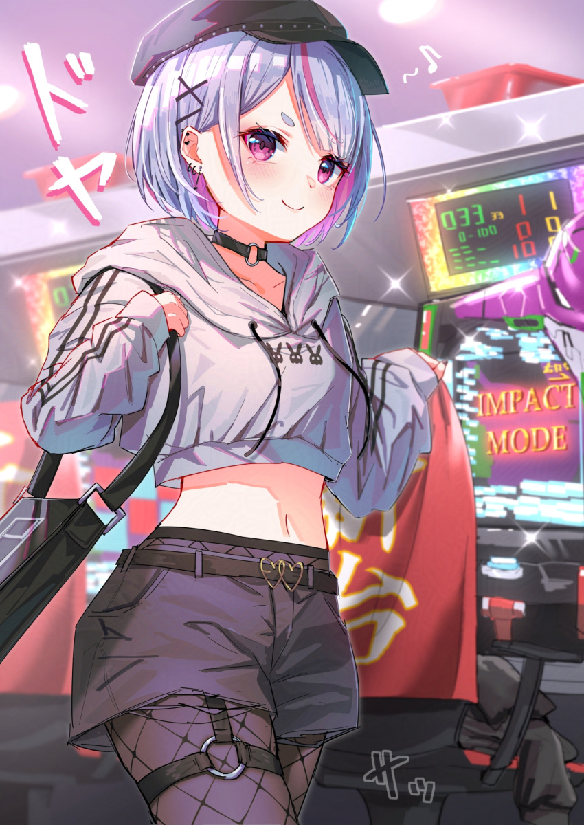 1girl, black_choker, black_hat, black_shorts, choker, clothing_cutout, colored_inner_hair, cowboy_shot