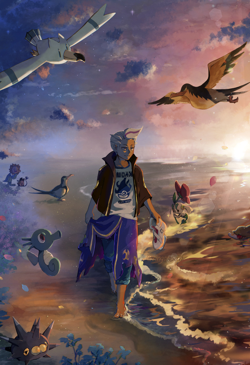 1boy, absurdres, barefoot, bird, closed_mouth, clouds, commentary_request, dedenne
