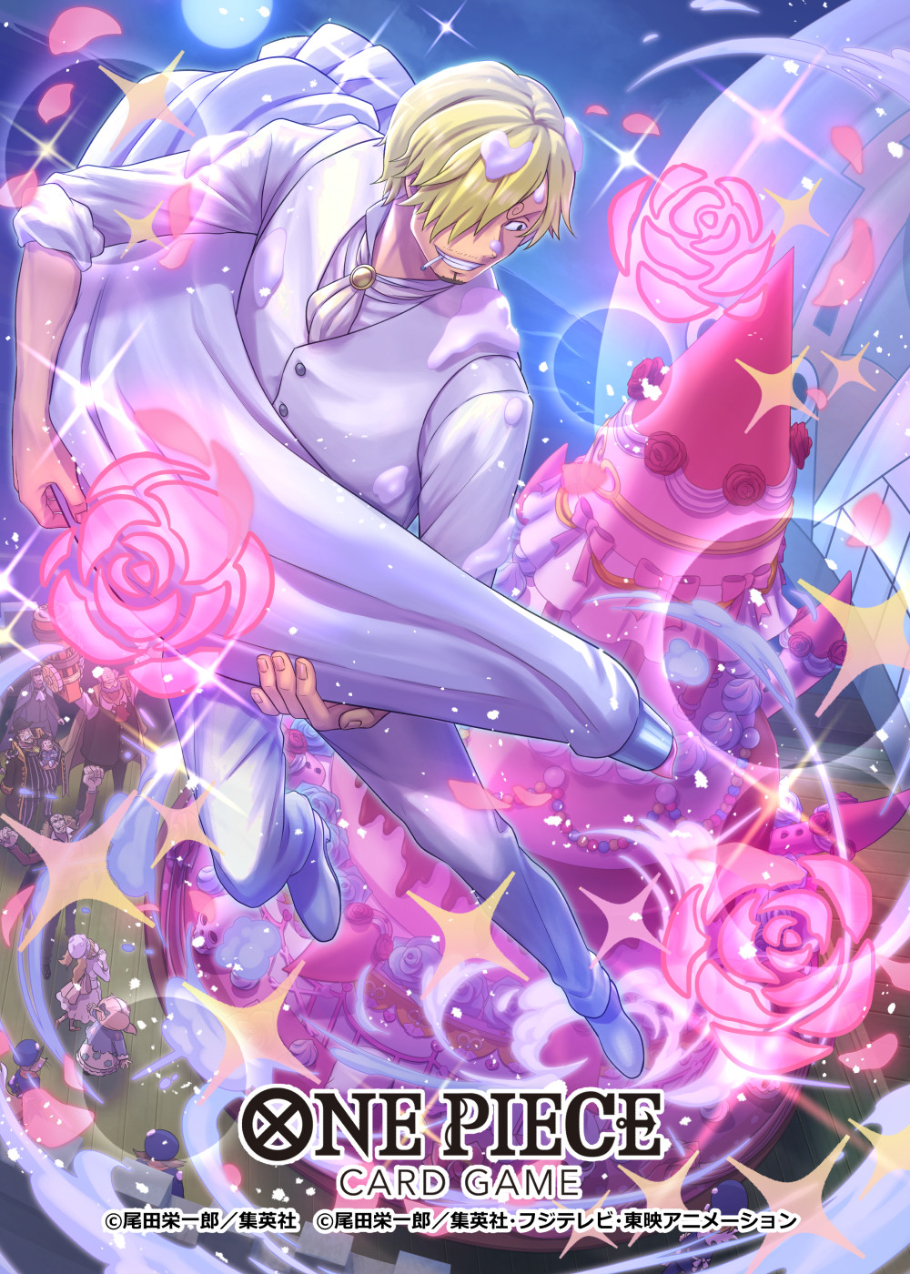 2girls, 6+boys, arms_up, ascot, baby, blonde_hair, cake, capone_gang_bege