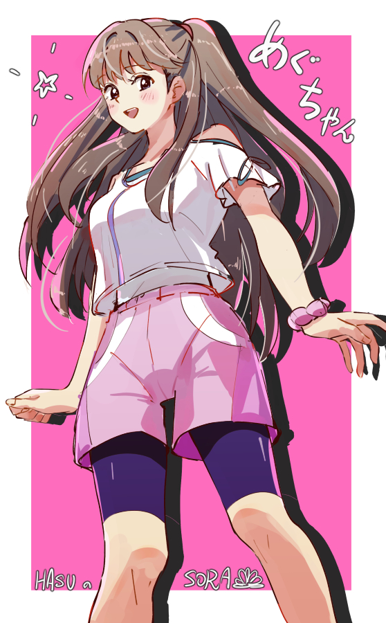 1girl, :d, bare_shoulders, bike_shorts, bike_shorts_under_shorts, blush, border, brown_hair, character_name, clothing_cutout, collarbone, commentary, drop_shadow, feet_out_of_frame, fujishima_megumi, fujishima_megumi_(summer_training_wear), link!_like!_love_live!, long_hair, looking_at_viewer, love_live!, official_alternate_costume, open_mouth, outside_border, pink_background, pink_shorts, purple_shorts, ryxxxxx, shirt, shorts, shoulder_cutout, simple_background, smile, solo, standing, star_(symbol), two_side_up, violet_eyes, virtual_youtuber, white_border, white_shirt