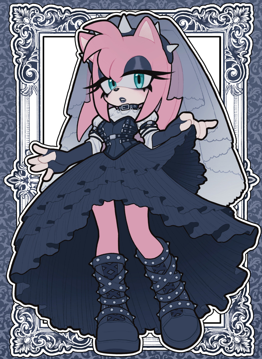 1girl, absurdres, alternate_costume, amy_rose, animal_ears, animal_nose, black_bridal_gauntlets, black_corset