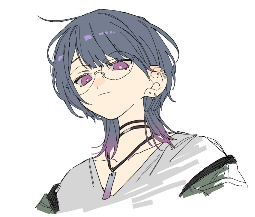 black_choker, choker, dayama, ear_piercing, glasses, gradient_hair, green_jacket, grey_shirt, jacket, jewelry, koshimizu_toru, koshimizu_toru_(3rd_costume), mole, mole_under_eye, multicolored_hair, necklace, nijisanji, off_shoulder, open_clothes, open_jacket, piercing, pink_hair, purple_hair, shirt, violet_eyes