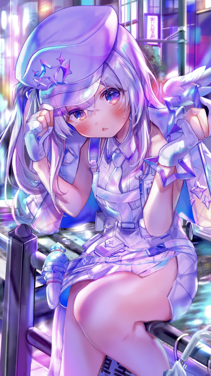 1girl, absurdres, amane_kanata, amane_kanata_(heavenly_guard_mission), angel, angel_wings, blush, dot_nose, dress, gloves, grey_hair, hat, highres, hololive, jacket, long_hair, looking_at_viewer, official_alternate_costume, open_mouth, partially_fingerless_gloves, rachip, sitting_on_fence, sleeveless, sleeveless_dress, solo, triangle_mouth, violet_eyes, virtual_youtuber, white_dress, white_gloves, white_hat, white_jacket, wings