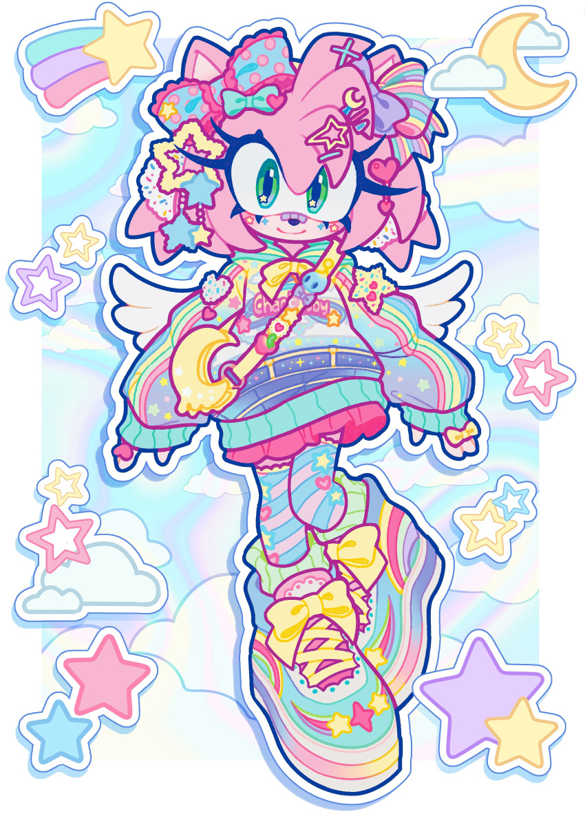 1girl, absurdres, alternate_costume, amy_rose, angel_wings, animal_ears, animal_nose, blue_background