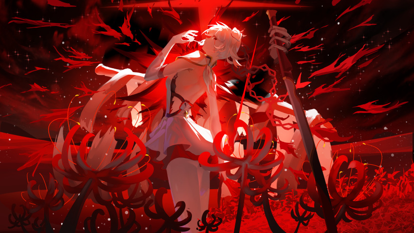 1girl, absurdres, back, blood, blood_from_eyes, camellya_(wuthering_waves), dress, field, flower, flower_field, from_behind, highres, ktl_suda, looking_at_viewer, looking_back, planted, planted_sword, red_eyes, red_theme, skeletal_hand, solo, spider_lily, sword, weapon, white_dress, white_hair, wuthering_waves