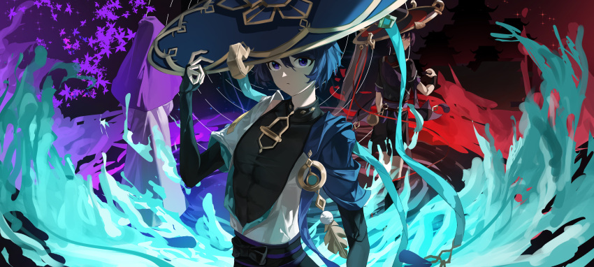 2boys, absurdres, back-to-back, bodystocking, dual_persona, fingerless_gloves, from_behind, genshin_impact
