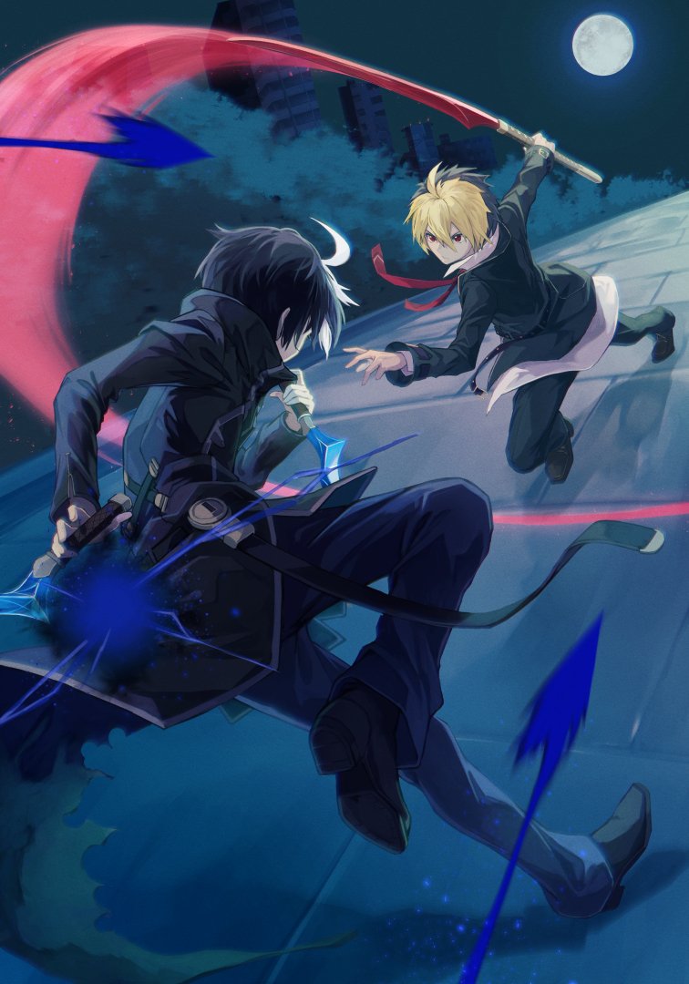 2boys, ahoge, black_hair, blonde_hair, dagger, eliminator_(under_night_in-birth), fighting, full_moon