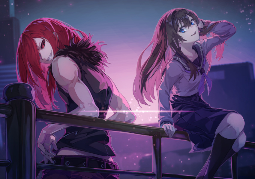 1boy, 1girl, belt, black_hair, blue_eyes, carmine_(under_night_in-birth), colored_sclera, fur_collar, grin, hair_over_one_eye, hairband, long_hair, long_skirt, long_sleeves, melty_blood, online_neet, open_mouth, red_eyes, red_hair, red_sclera, school_uniform, shirt, skirt, smile, teeth, tohno_akiha, tsukihime, under_night_in-birth, very_long_hair