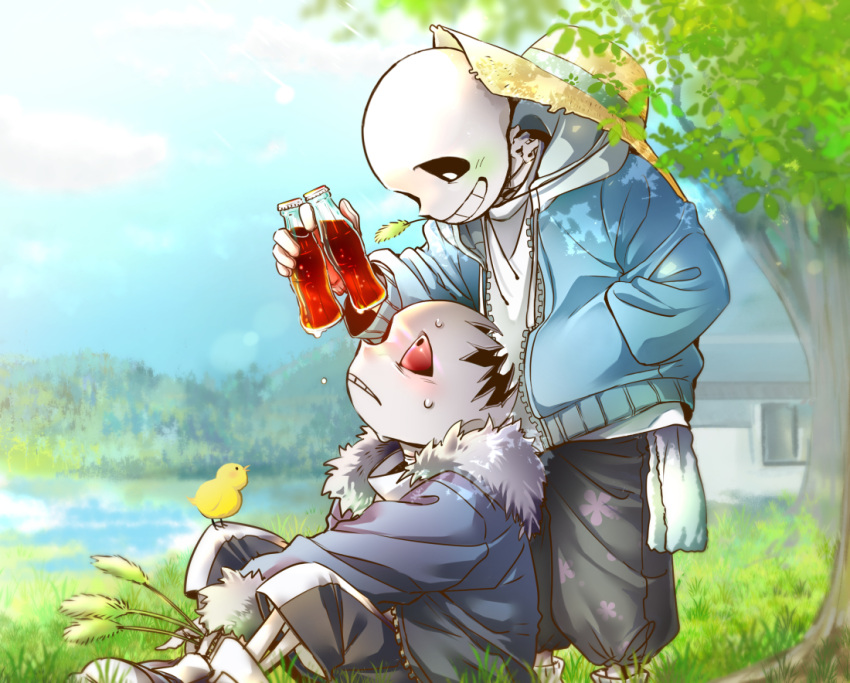 2boys, ahin_vpv, alternate_universe, bird, black_sclera, blue_jacket, bottle, colored_sclera