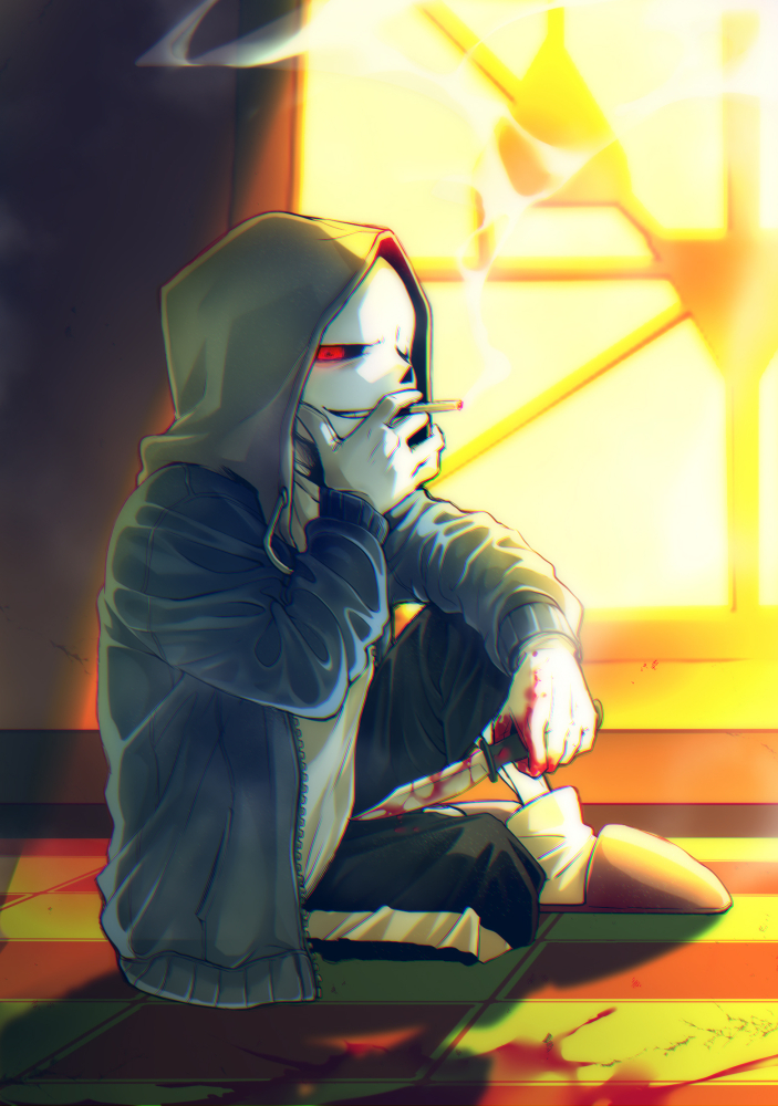1boy, ahin_vpv, alternate_universe, black_sclera, blood, blue_jacket, cigarette, colored_sclera, dusttale, grin, hallway, holding, holding_cigarette, holding_knife, hood, hood_up, hoodie, jacket, knife, male_focus, red_eyes, sans_(dusttale), sitting, skeleton, smile, smoking, solo, teeth, undertale