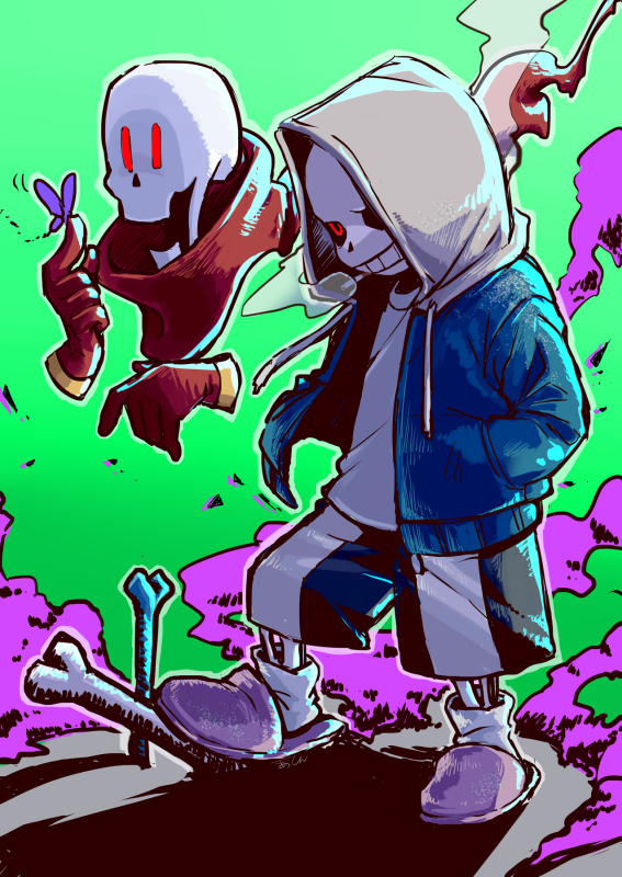 2boys, ahin_vpv, alternate_universe, black_sclera, blue_jacket, bone, colored_sclera, dusttale, gloves, grin, hood, hoodie, jacket, male_focus, multiple_boys, papyrus_(dusttale), red_gloves, red_scarf, sans_(dusttale), scarf, skeleton, smile, teeth, undertale, white_hood