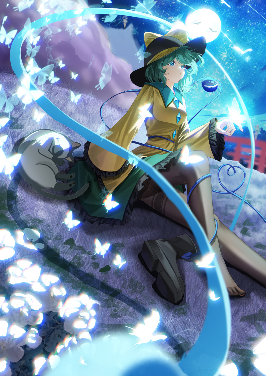 1girl, absurdres, black_hat, black_pantyhose, breasts, bug, butterfly, cat