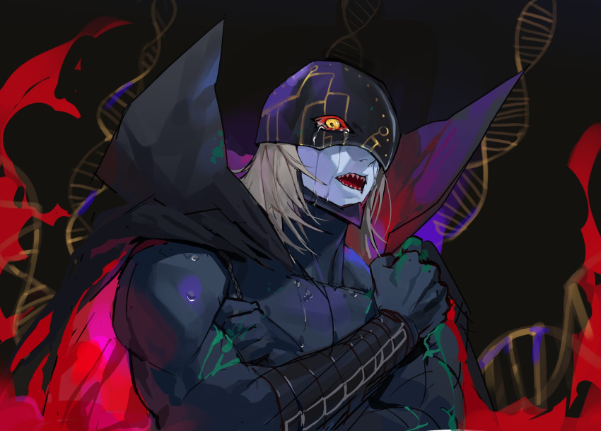 1boy, apocalymon, black_background, black_bodysuit, blue_skin, bodysuit, colored_skin, digimon
