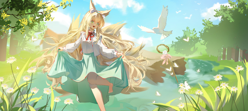 1girl, animal_ears, arknights, barefoot, bird, blonde_hair, blue_sky, clothes_lift